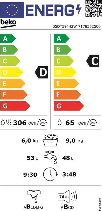 Label énergétique Beko B5DT59442W HomeWhiz - 9/6 kg
