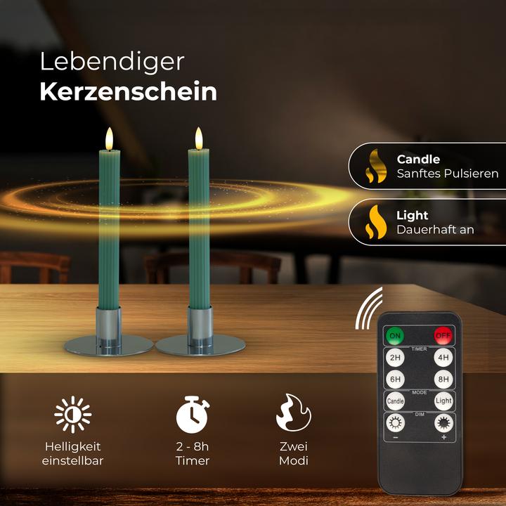Actual product image Novaliv Stabkerzen LED mit Timer Grün 4 Stück Grün indoor - 6 Stunden - ECHTWACHS gerippt 23cm Höhe für (4 x)