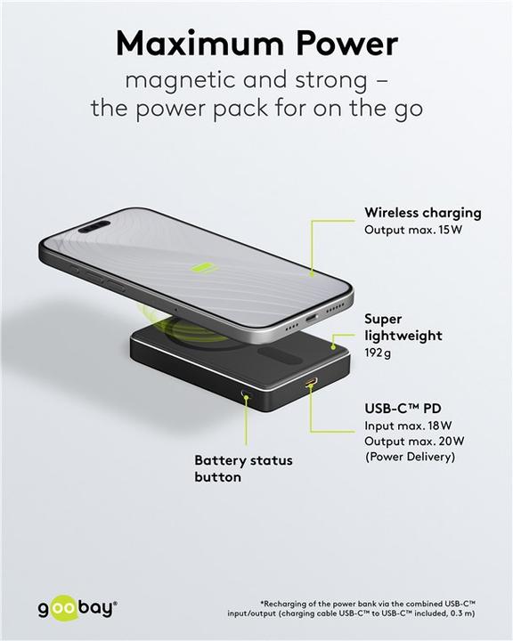 Actual product image Goobay Magnetic wireless powerbank 10,000 mAh (10000 mAh, 20 W, 38.50 Wh)