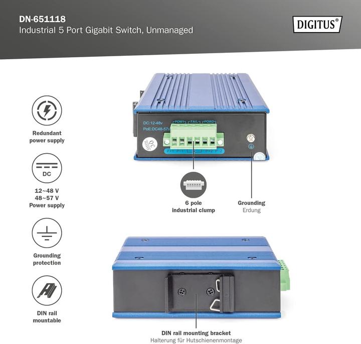 Immagine prodotto Digitus Switch Gigabit industriale a 5 porte (5 porte)