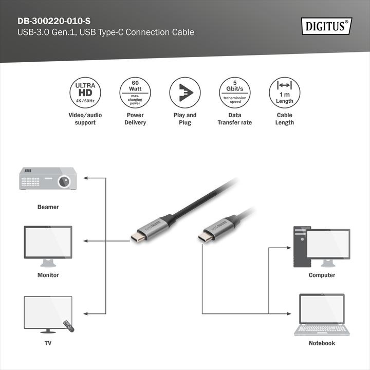 Produktbild Digitus USB-3.0 Gen.1, USB Type -C Anschlusskabel (1 m, USB 3.2 Gen 1, 60 W)