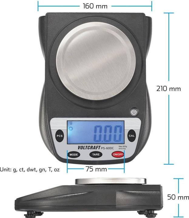 Actual product image Voltcraft PS-600C Precision scale Weighing capacity (max.) 600g Readability 0.01g battery-operated Sch