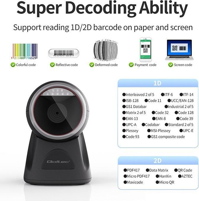 Produktbild Qoltec Desktop-Präzisionsleser 1D-Barcode- und QR-Scanner | 2D (1D-Barcodes)