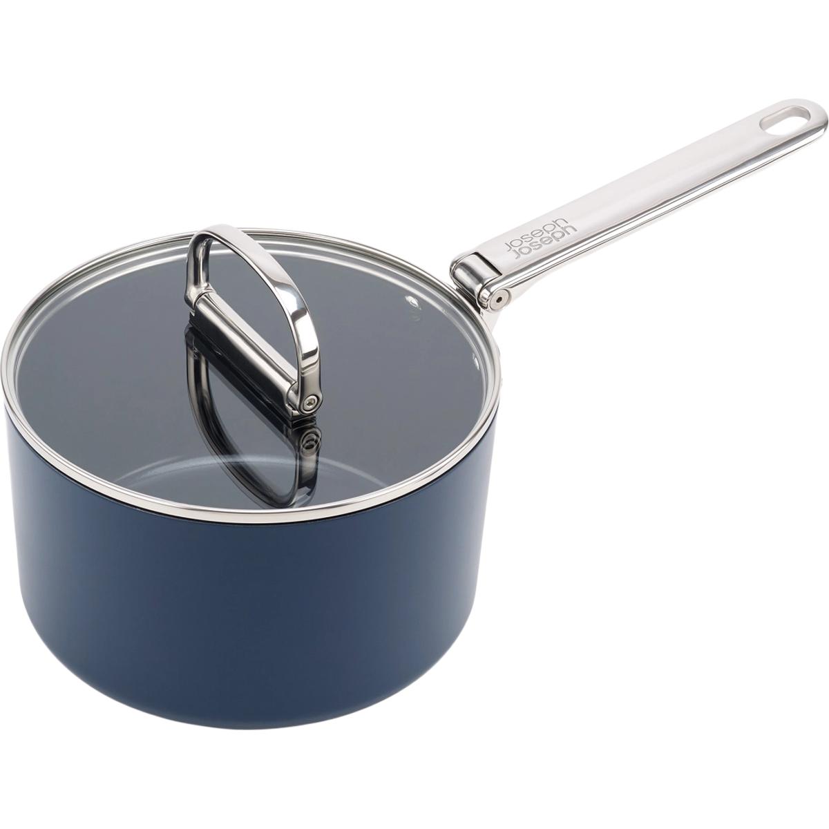 Joseph Joseph Space Stielkasserolle einklappbarer Griff mit Deckel D19cm, Pfanne + Kochtopf, Blau