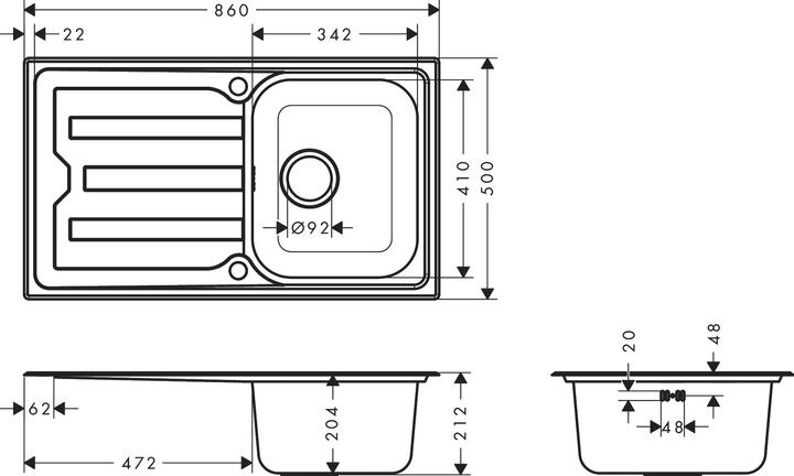 Actual product image hansgrohe S44 built-in sink 342, stainless steel, with long drainer, 860x500mm, 43365800 (Fitted sink, 56 cm, 86 cm)