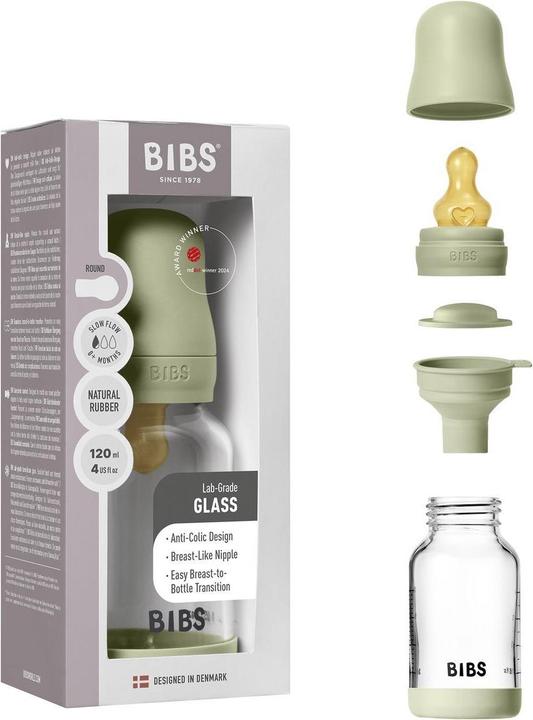 Actual product image Bibs - Glass Baby Bottle Round Latex Slow Flow - Sage - 120 ml (120 ml)
