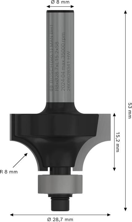 Produktbild Bosch Professional Zubehör Abrundfräser, 8 mm, R1 8 mm, L 15,2 mm, G 53 mm