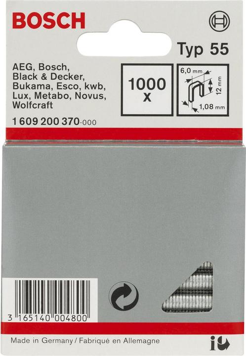Produktbild Bosch Professional Zubehör Schmalrückenklammer Typ 55, 6 x 1,08 x 12 mm, 1000er-Pack