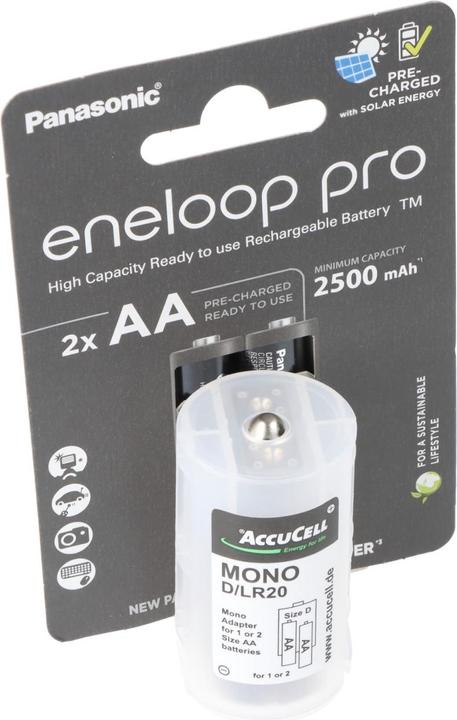 Actual product image Panasonic Mono 5000mAh consisting of 1x AccuCell Adapter D and 2x eneloop pro AA (3 pcs., AA, 2500 mAh)