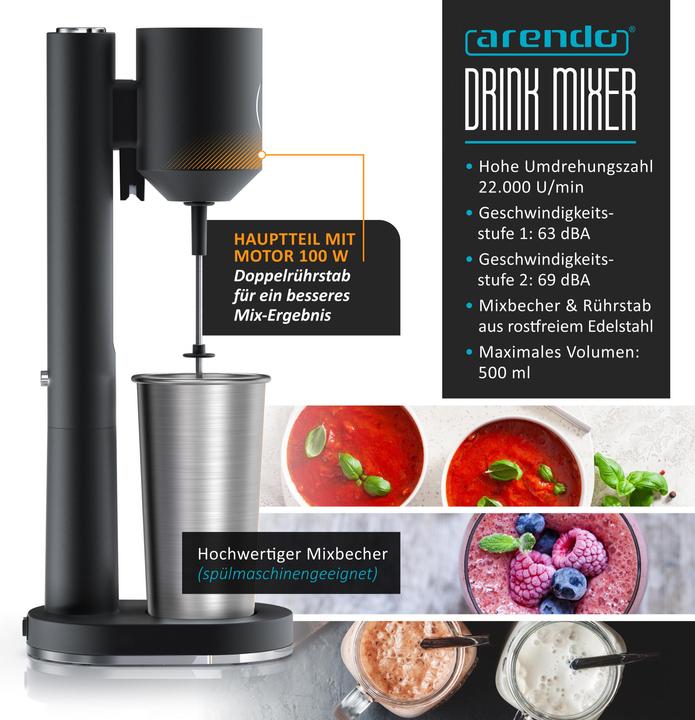 Image du produit Arendo Standmixer Elektrischer Getränkemixer 22.000 U/min, Doppelstab, 100W, für Milkshakes, Smoothies uvm. (100 W)