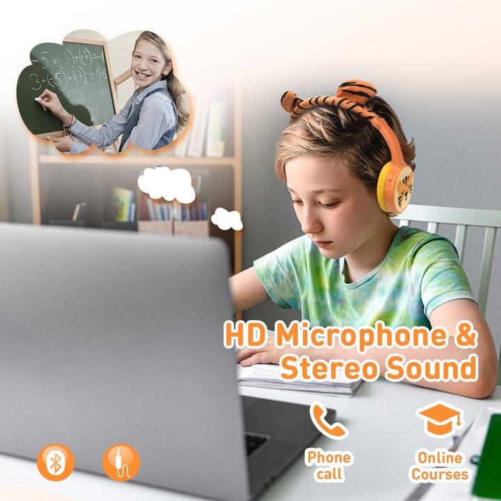 Actual product image PhoneLook Casque cool sans fil Bluetooth 5.3 pour enfants avec volume atténué 85dB et design amusant Tigre
