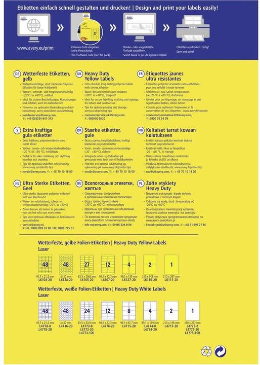 Immagine prodotto Avery Etichette 70 x 37 mm Pellicola di poliestere 480 pezzi. Etichette permanenti, resistenti alle