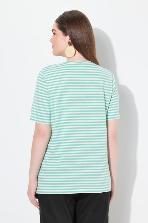 Image du produit Ulla Popken T-shirt rayé en coton bio. Col V et manches courtes (54)