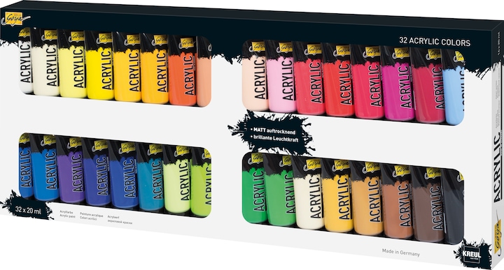 Produktbild Solo Goya Acrylic Set (Beige, Kobaltblau, Lichtgrün, Oxydbraun dunkel, Elfenbein, Laubgrün, Coelinblau, Gelbgrün, Ultramarinblau, Türkis, Violett, Echtorange, Permanentgrün, Primärblau, Dunkelbraun, Goldocker, Rosé, Terracotta, Lichtblau, Weinrot, Karminrot, Echtgelb hell, zinnoberrot, 640 ml)