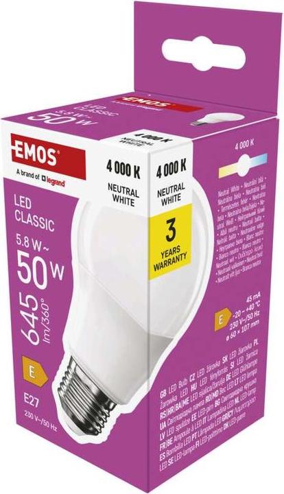 Image du produit Emos Lampe LED Classic A60 / E27 / 5,8 W (50 W) / 645 lm / Blanc neutre (E27, 5.80 W, 645 lm, 1 x, E)