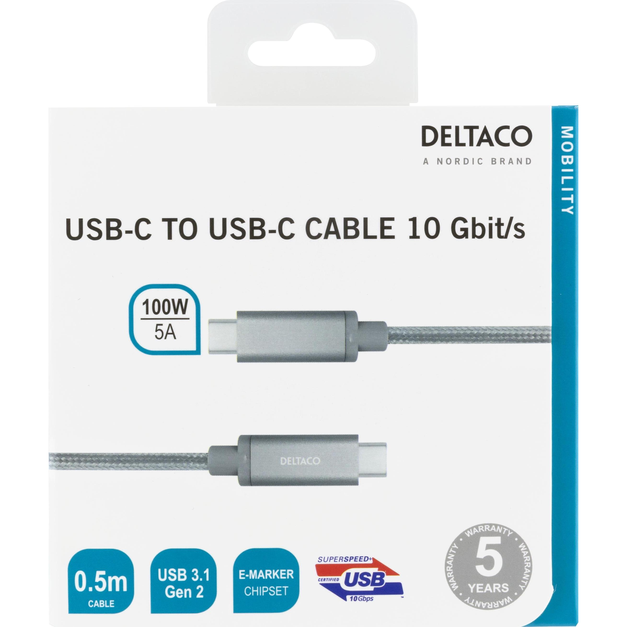 Thumbnail - Deltaco USB-C kabelis „SuperSpeed“, 0.5 m, pintas, USB 3.1 Gen 2, 10 Gbps, 100W (0.50 m, USB 3.2 Gen 2), USB Kabel