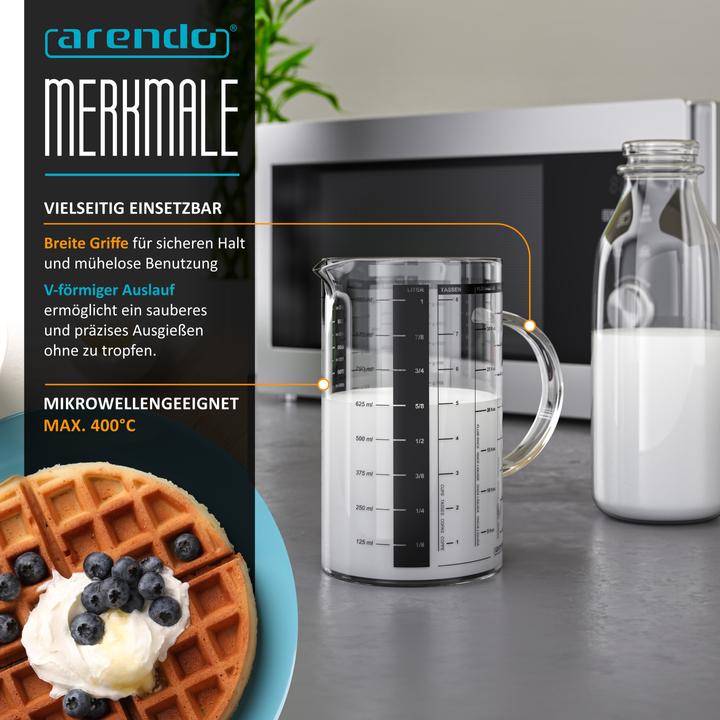Image du produit Arendo Messbecher 1l Messkrug, Borosilikatglas, Küchenbehälter, Skala, hitzebeständig, mikrowellengeeignet (1000 ml)