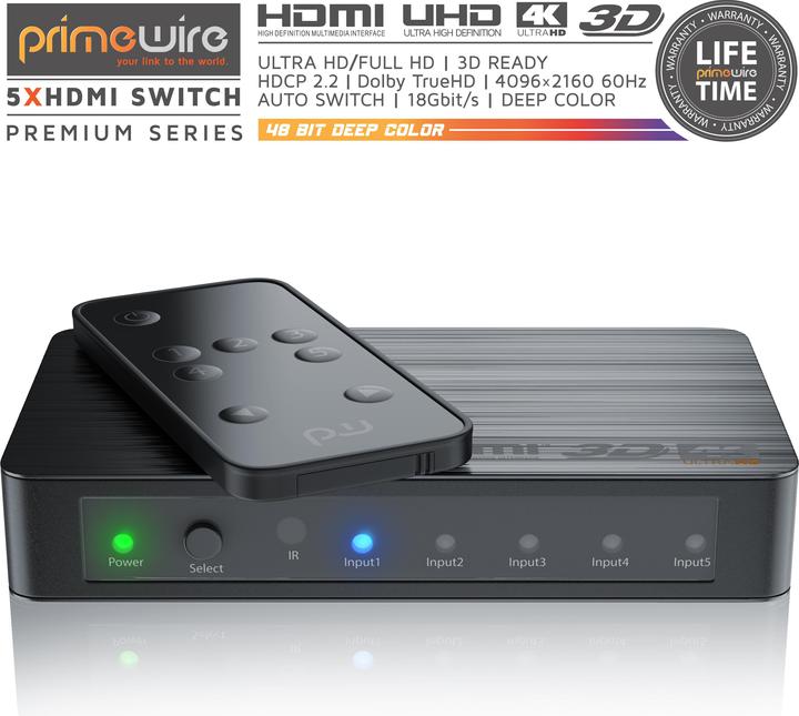 Actual product image CSL 5 port HDMI 2.0 switch + 6 x HDMI 2.0b cable 1.5m