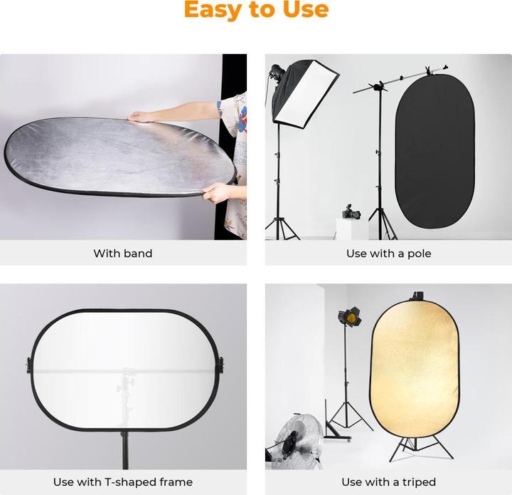 Actual product image K&F Concept 5-in-1 Foldable Reflector With Carrying Bag, Including Gold, Silver, Black, White Reflective Cloth (Folding reflector, Reflector)