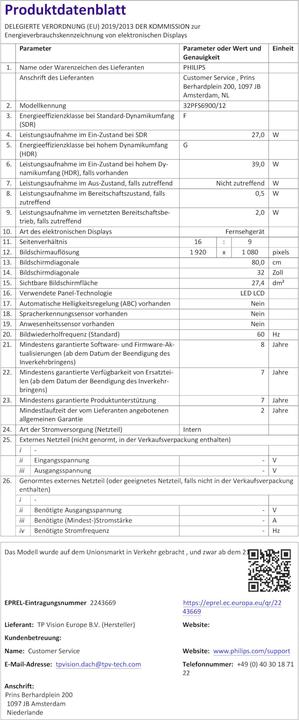 Nährwerte und Zutaten Philips 32PFS6900/12 80cm 32" Full HD Ambilight TV (32", LED, Full HD, 2025)
