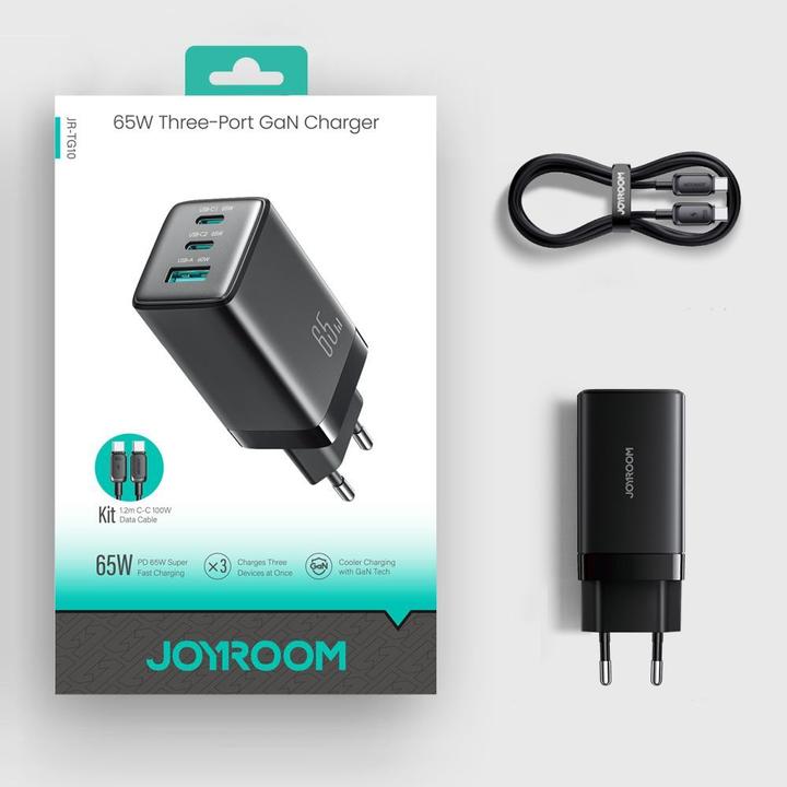 Produktbild Joyroom JR-TG10 65W GaN Charger - Black (EU) + A14 C to C 100W 1.2m - Black (65 W, 3 Ports)