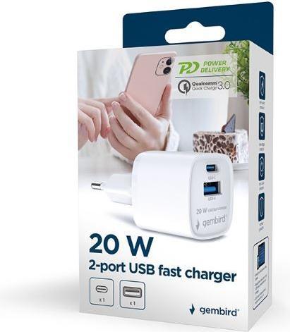Image du produit Gembird TA-UC-PDQC20-W-01 Chargeur rapide USB 2 ports 20W (38 W)