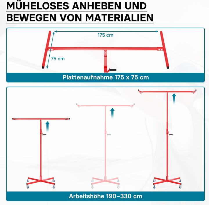 Produktbild Wiltec Plattenheber 50kg 190-330cm Montagehilfe Paneelheber Trockenbau Lift (50 kg)