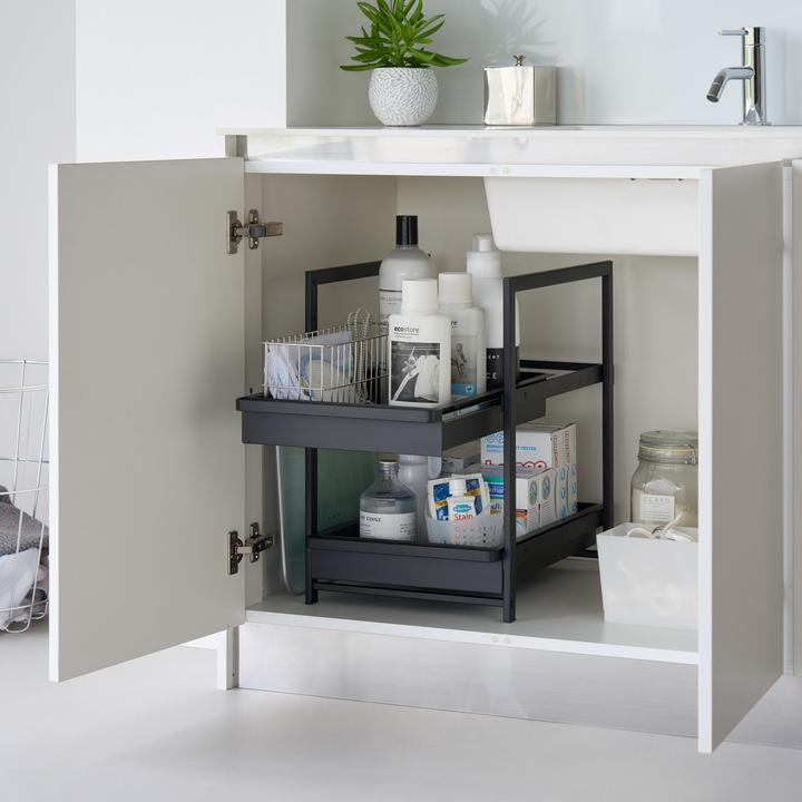 Actual product image Yamazaki 2-tier sink unit shelf with sliding shelves TOWER (68.50 x 30.40 x 45.30 cm)