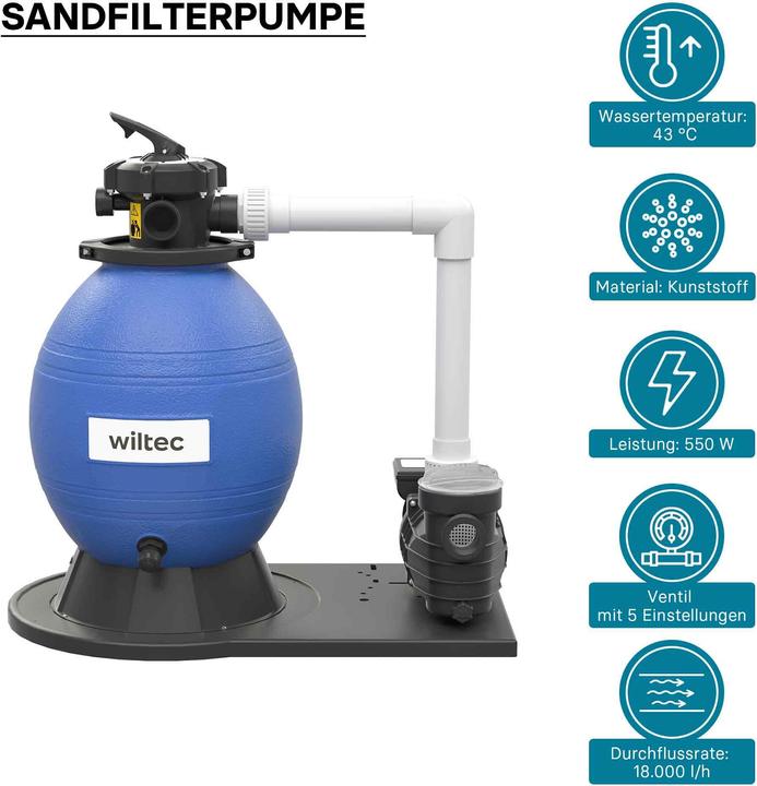 Produktbild Wiltec Sandfilteranlage 550W 38l Filtertank 18000l/h Pumpe Pool Filterpumpe