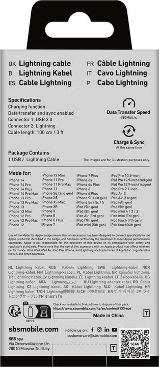 Image du produit SBS Câble de données USB 2.0 - Apple Lightning (1 m, USB 2.0)