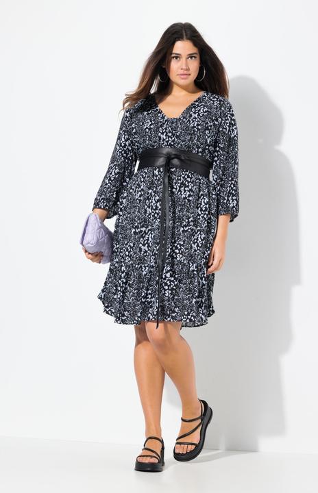 Produktbild Ulla Popken Kleid, Volantsaum, A-Linie, V-Ausschnitt, 3/4-Arm (42, 44)