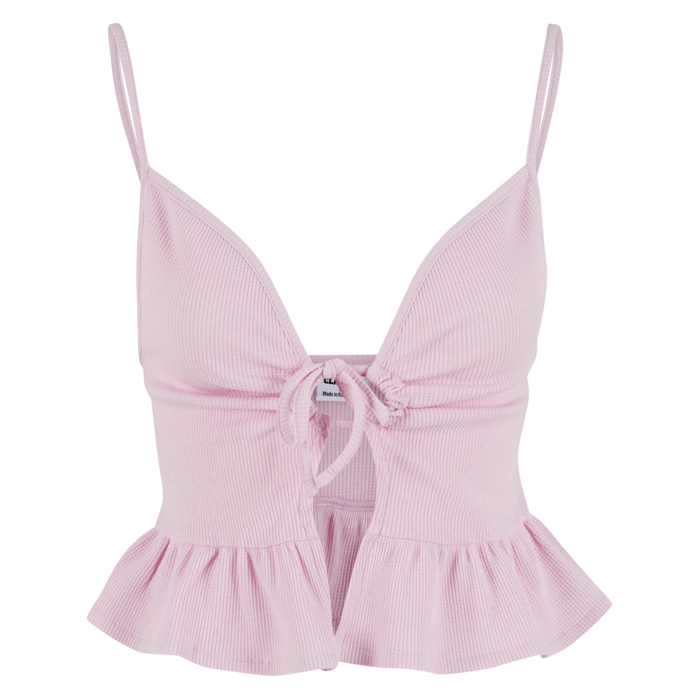 Urban Classics, Damen, Shirts, Ladies Waffle Pique Ruffle Top - 137877, Rosa, (Xs)