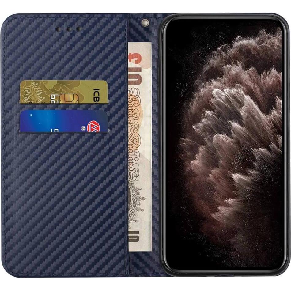 Thumbnail - Cover-Discount iPhone 15 Plus - Carbon Look Flip Case Hülle blau (Apple iPhone 15 Plus), Smartphone Hülle, Blau