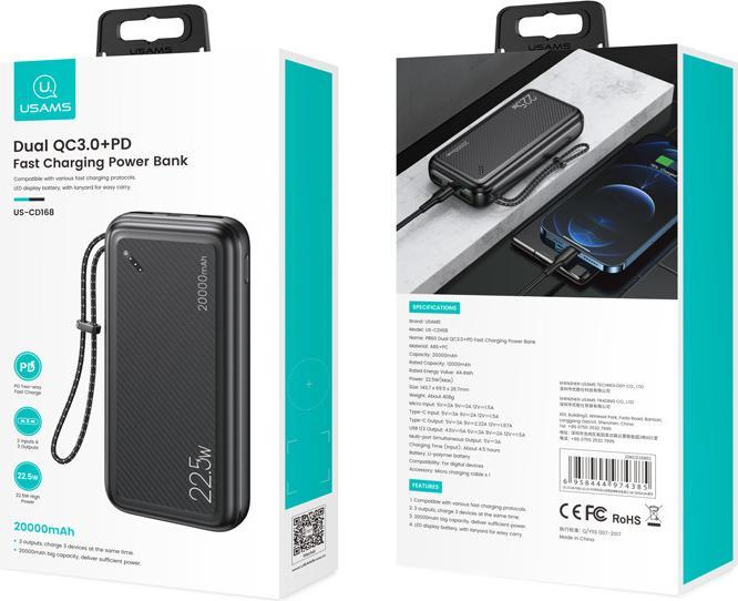 Immagine prodotto Usams Powerbank PB60 20000mAh 22.5W 2xQC3.0+PD Ricarica rapida czarny/nero 20KCD16801 (US-CD168) (20000 mAh, 22.50 W, 74 Wh)