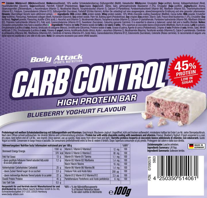 Produktbild Body Attack Carb Control (15x100g Riegel) (Stracciatella, 15 Stk., 1500 g)