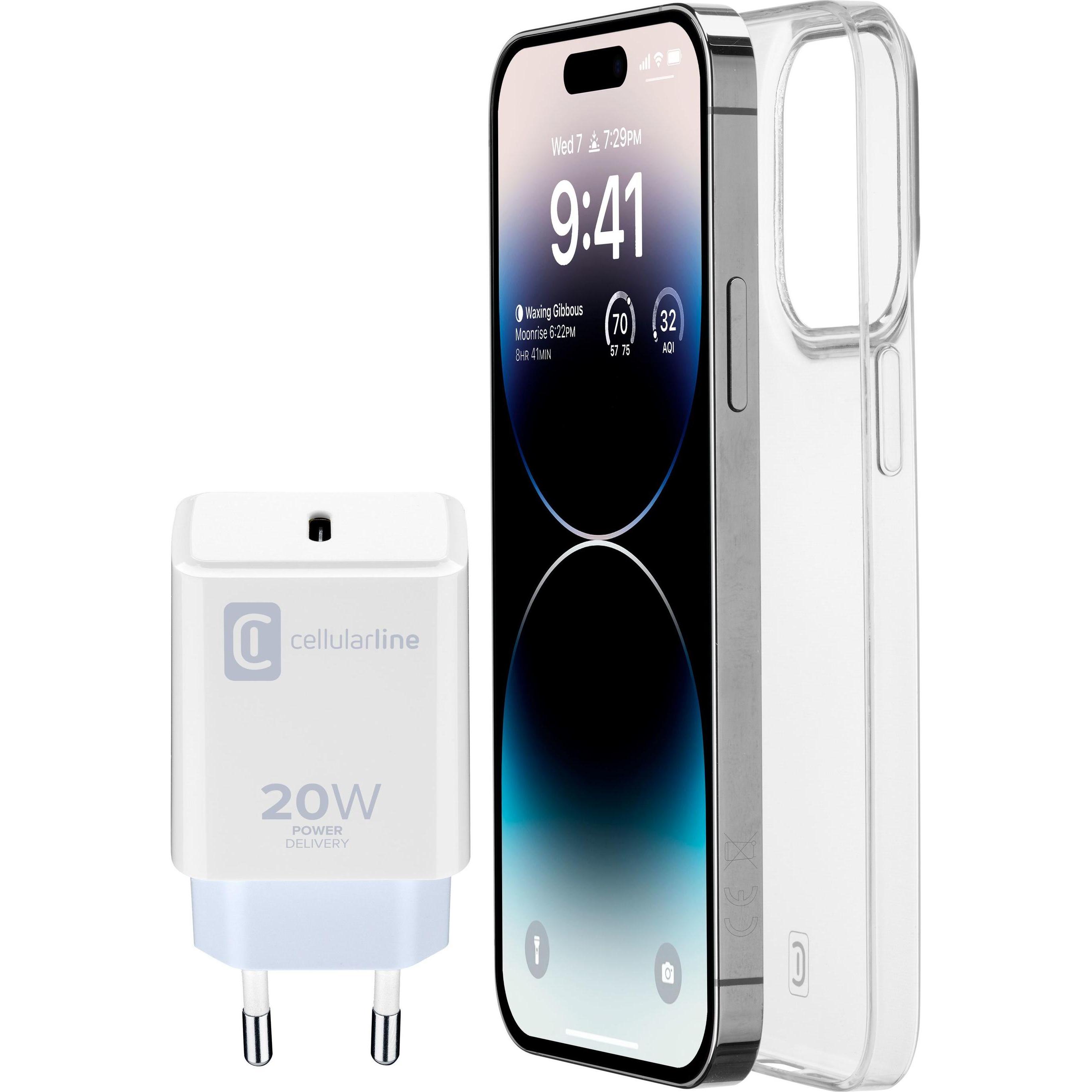 Cellularline Charger Kit mit Case (Apple iPhone 14 Pro Max), Smartphone Hülle, Weiss, Transparent