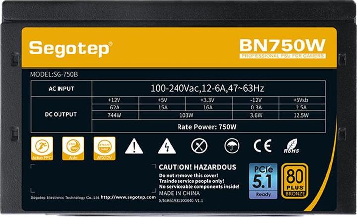 Productafbeelding Segotep Power supply BN750W V2 750W 80PLUS Bronze PCIE 5.1 black (750 W)