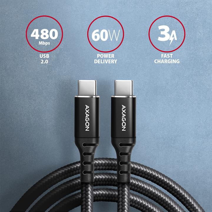 Actual product image Axagon BUCM-CM30AB USB-C to USB-C 2.0 cable, 3 m, PD 60W, 3A, braided - black (3 m, USB 2.0, 60 W)