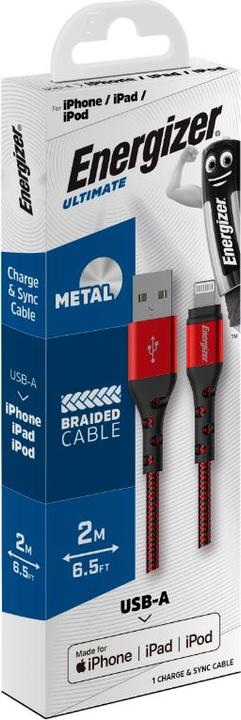 Actual product image Energizer Metal / braided nylon cable - Lightning - 2m, red (2 m, USB 3.2 Gen 1)
