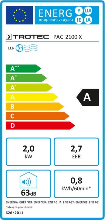 Label énergétique Trotec PAC 2100X (26 m², 6824.28 BTU/h)