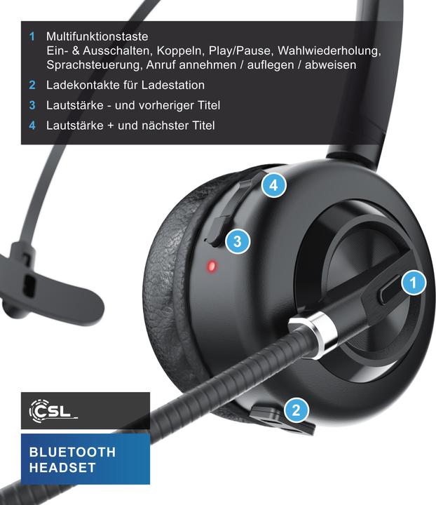 Produktbild CSL Wireless-Headset, Bluetooth Kopfhörer, Mikrofon, Ladestation, Noise Cancel, Multipoint, BT 5.3 (Kabellos, USB-A, Microsoft Teams, Skype, Zoom)