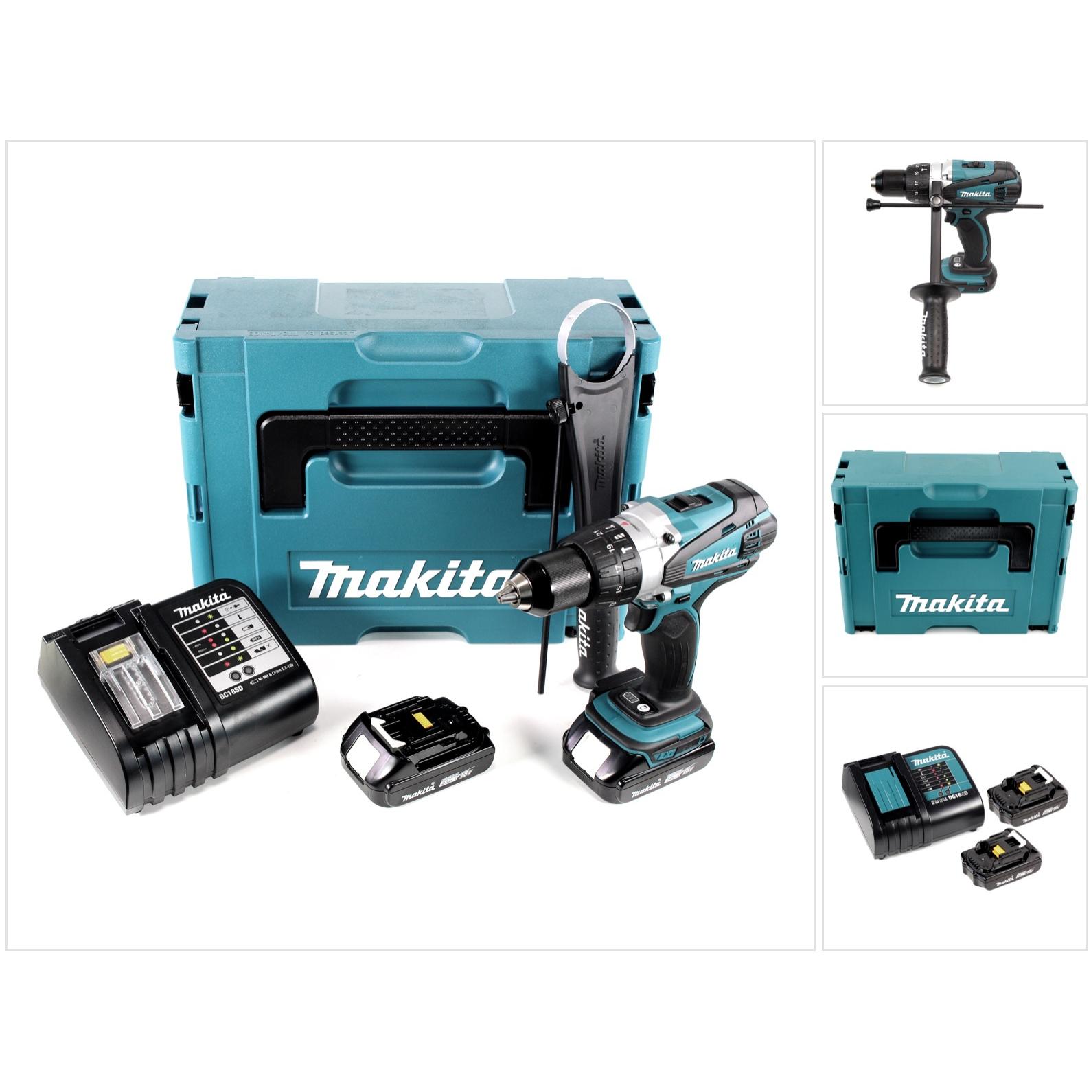Makita, Trapano + Avvitatore a batteria, DHP 458 SAJ Trapano avvitatore con percussione a batteria 18V in valigetta Makpac + 2x Batter