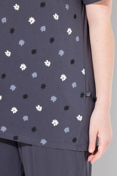 Image du produit Ulla Popken Pyjama 2 pièces, pantalon + haut à fleurs avec broderie, décolleté rond et manches courtes (42, 44)
