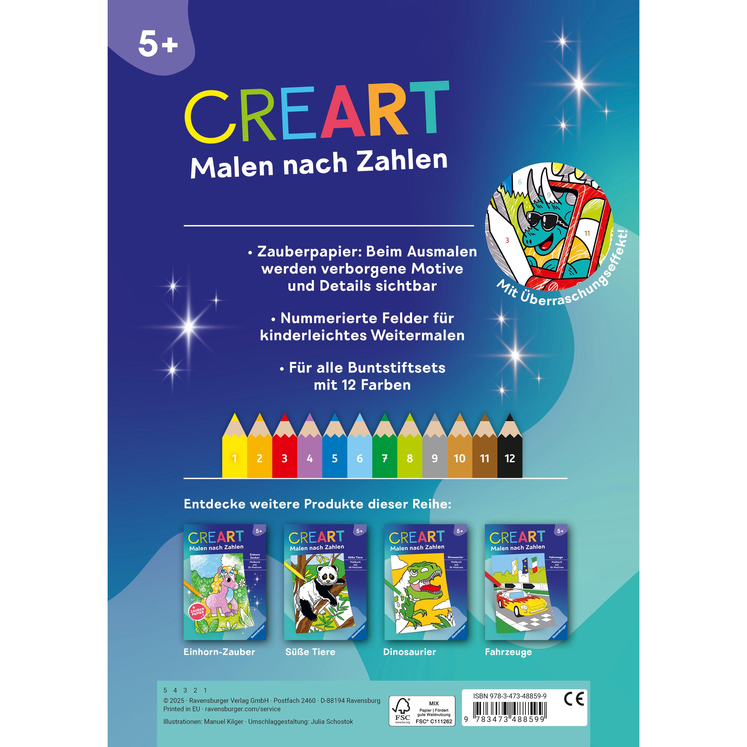 Thumbnail - Ravensburger CreArt Malen nach Zahlen ab 5: Dinos auf der Baustelle, Malbuch, 24 Motive