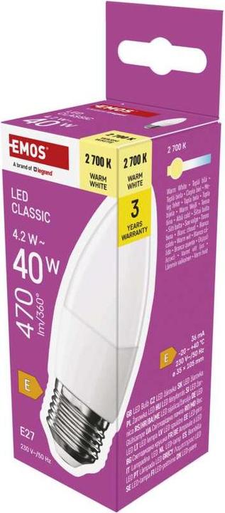 Image du produit Emos Lampe LED Classic Candle / E27 / 4,2 W (40 W) / 470 lm / Blanc chaud (E27, 470 lm, 1 x)