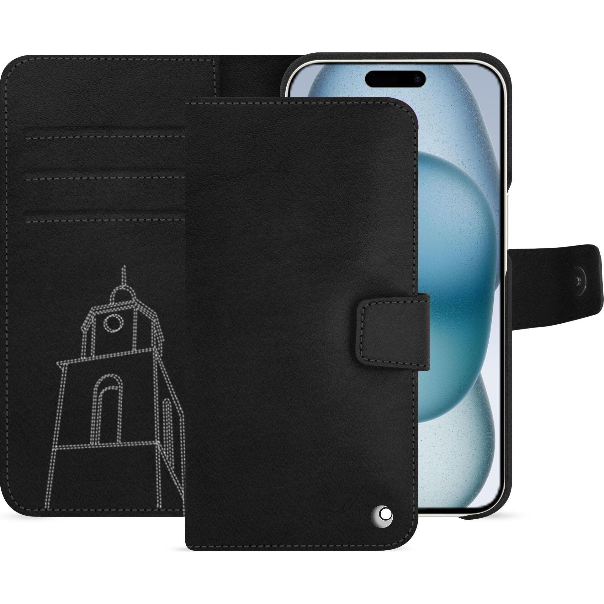 Noreve Lederschutzhülle Apple iPhone 15 (Apple iPhone 15), Smartphone Hülle, Schwarz