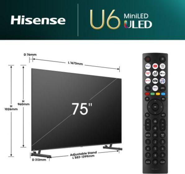 Produktbild Hisense TV 75U6NQ (189 cm (75 Zoll), schwarz/dunkelgrau, UltraHD/4K, Triple Tuner, Mini LED) (75", LED, 4K, 2024)