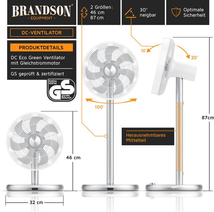 Produktbild Brandson Standventilator 32cm Ø, Standlüfter 25 W mit DC Motor, höhenverstellbar, Oszillation, Timer (64 dB)
