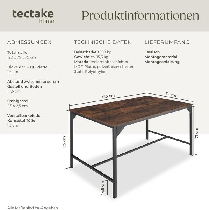 Image du produit tectake Table de salle à manger Belfast (120 x 120 x 75 cm)