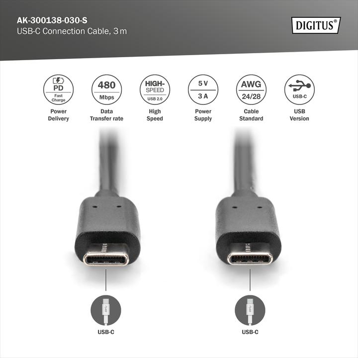 Produktbild Digitus USB C – USB C (3 m, USB 2.0, 15 W)